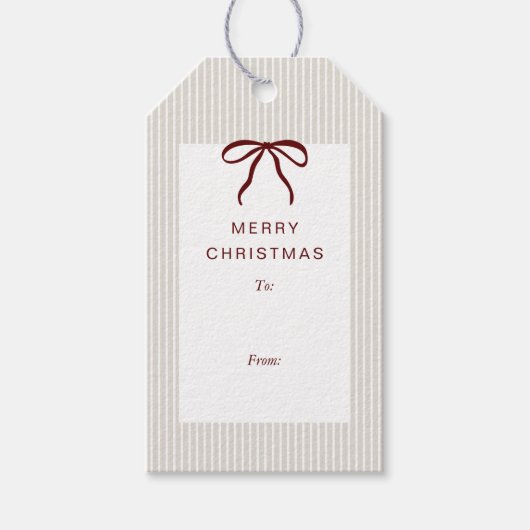 Classic Stripes Red Bow Merry Christmas Geschenkanhänger (Vorderseite)