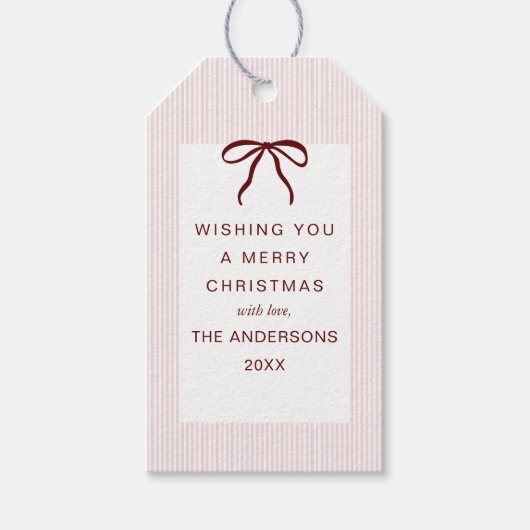 Classic Stripes Red Bow Merry Christmas Geschenkanhänger (Vorderseite)