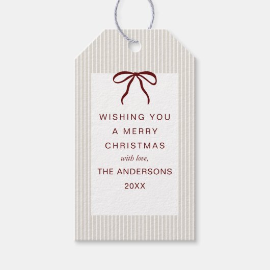 Classic Stripes Red Bow Merry Christmas Geschenkanhänger (Vorderseite)