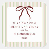 Classic Stripes Red Bow Merry Christmas Quadratischer Aufkleber (Vorderseite)