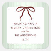 Classic Stripes Red Bow Merry Christmas Quadratischer Aufkleber (Vorderseite)
