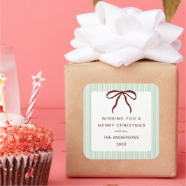 Classic Stripes Red Bow Merry Christmas Quadratischer Aufkleber