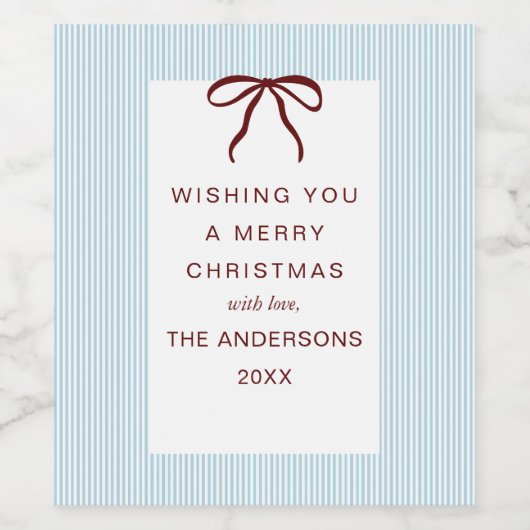 Classic Stripes Red Bow Merry Christmas Weinetikett (Einzelnes Label)