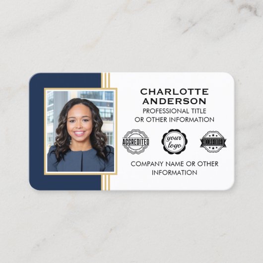 Classic Style Custom ID Foto Blue Gold Visitenkarte (Vorderseite)