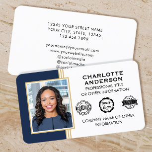 Classic Style Custom ID Foto Blue Gold Visitenkarte