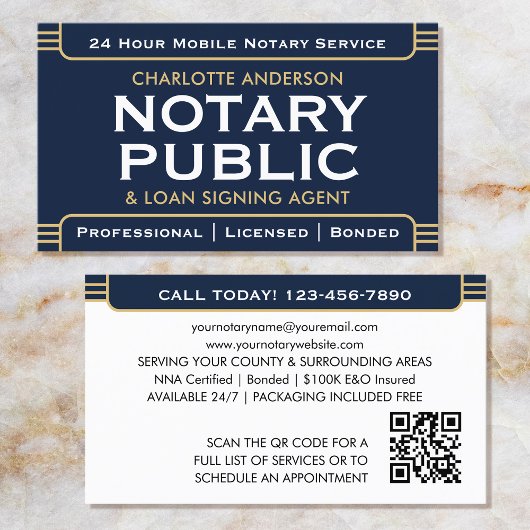 Classic Style Mobile Notary Public ID Navy Gold Visitenkarte