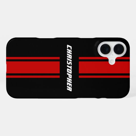 Classic Stylish Red Black Racing Stripes Monogramm iPhone Hülle (Rückseite (Horizontal))