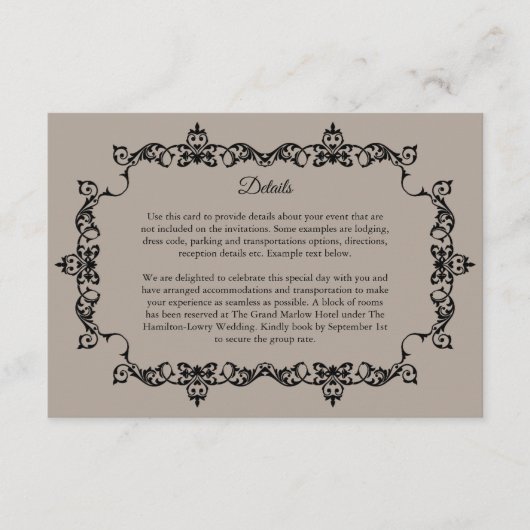 Classic Taupe Linen Brown Ornately Framed Wedding Begleitkarte (Vorderseite)