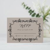 Classic Taupe Linen Brown Ornately Framed Wedding RSVP Karte (Stehend Vorderseite)