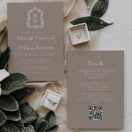 Classic Taupe Monogram Crest QR Code Wedding Einladung
