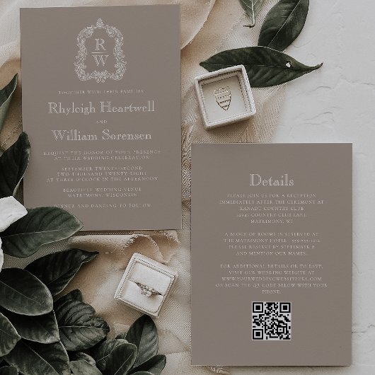 Classic Taupe Monogram Crest QR Code Wedding Einladung