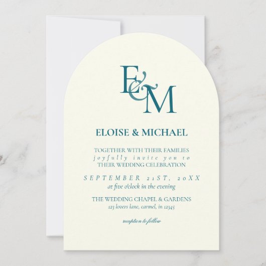Classic Teal Blue Monogram Minimalist Wedding Einladung (Vorderseite)