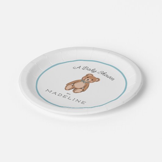 Classic Teddy Bear Blue White Baby Dusche Pappteller (Schrägansicht)
