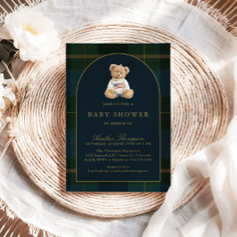 Classic Teddy Bear Green & Blue Plaid Baby Shower Einladung
