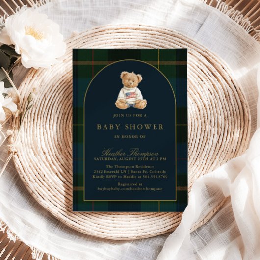 Classic Teddy Bear Green & Blue Plaid Baby Shower Einladung