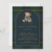 Classic Teddy Bear Green & Blue Plaid Baby Shower Einladung (Vorderseite)