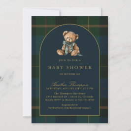 Classic Teddy Bear Green & Blue Plaid Baby Shower Einladung