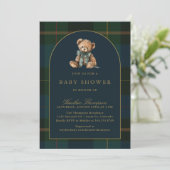 Classic Teddy Bear Green & Blue Plaid Baby Shower Einladung (Stehend Vorderseite)