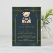 Classic Teddy Bear Green Plaid Baby Shower Einladung (Stehend Vorderseite)