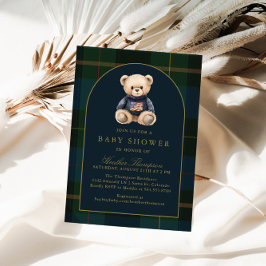 Classic Teddy Bear Green Plaid Baby Shower Einladung