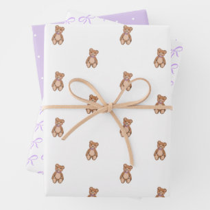 Classic Teddy Bear Lavender Lila Bow Baby Dusche Geschenkpapier Set