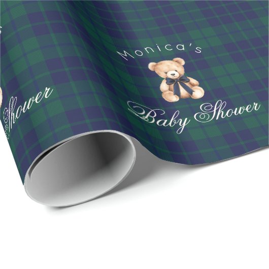 Classic Teddy bear Navy Plaid Baby Shower Geschenkpapier (Rolleneckpunkt)