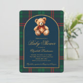 Classic Teddy Bear Navy Plaid Preppy Baby Shower Einladung (Stehend Vorderseite)