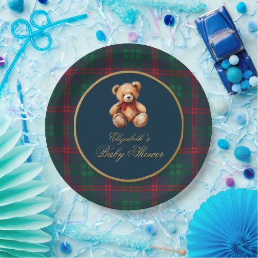 Classic Teddy Bear Navy Plaid Preppy Baby Shower Pappteller (Party)