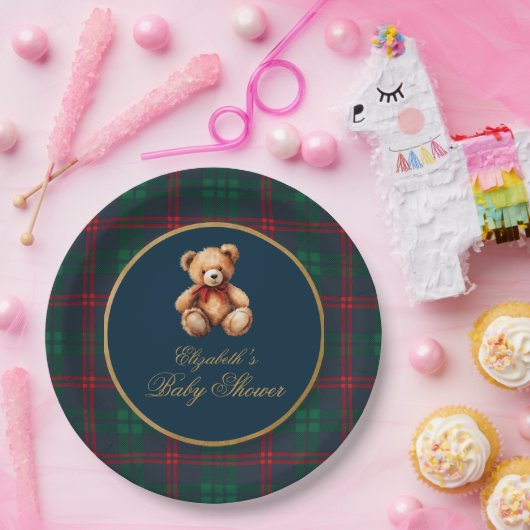 Classic Teddy Bear Navy Plaid Preppy Baby Shower Pappteller (Party)