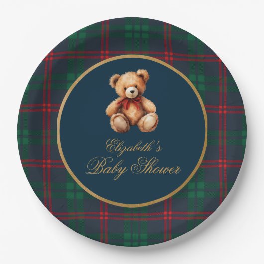Classic Teddy Bear Navy Plaid Preppy Baby Shower Pappteller (Vorderseite)