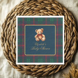 Classic Teddy Bear Navy Plaid Preppy Baby Shower Serviette