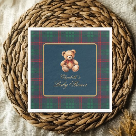 Classic Teddy Bear Navy Plaid Preppy Baby Shower Serviette