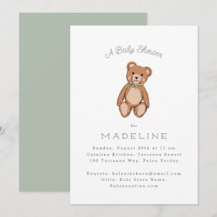 Classic Teddy Bear Sage Green Baby Dusche Einladung
