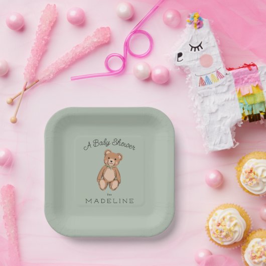 Classic Teddy Bear Sage Green Baby Dusche Pappteller (Party)