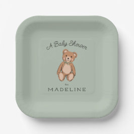 Classic Teddy Bear Sage Green Baby Dusche Pappteller