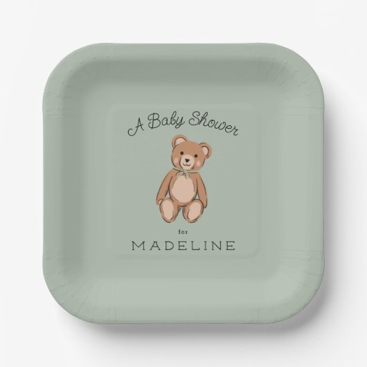 Classic Teddy Bear Sage Green Baby Dusche Pappteller (Vorderseite)