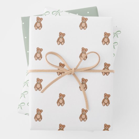 Classic Teddy Bear Sage Green Bow Baby Dusche Geschenkpapier Set (Beispiel)