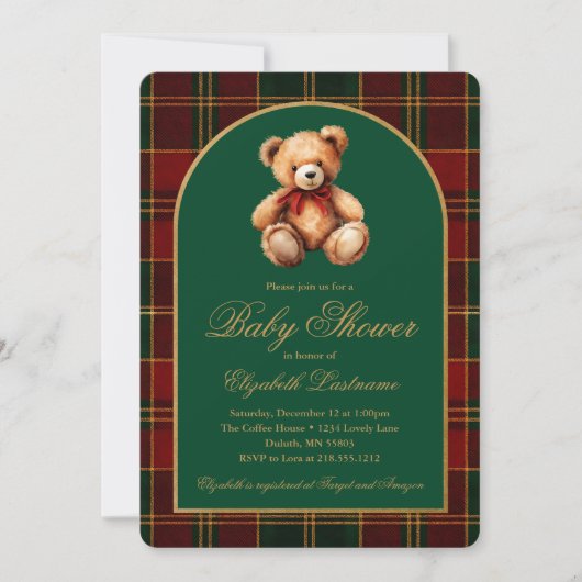 Classic Teddy Bear Tartan Plaid Preppy Baby Shower Einladung (Vorderseite)
