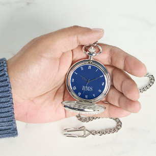 Classic Timepiece Navy Blue Silver Monogram Pocket Armbanduhr