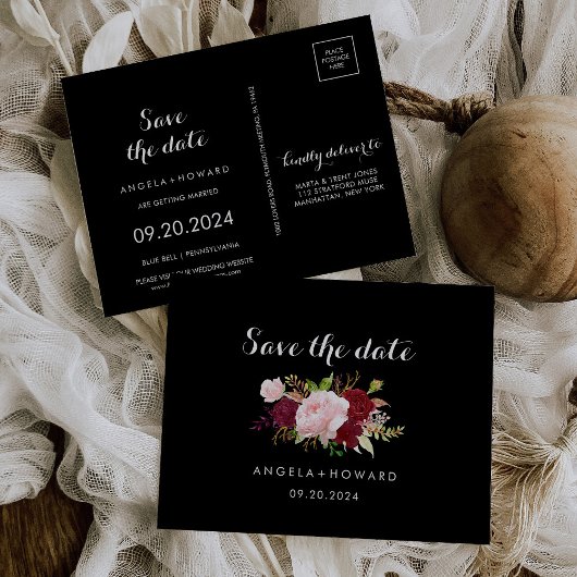 Classic Tropical Black Burgundy Save the Date Card Postkarte