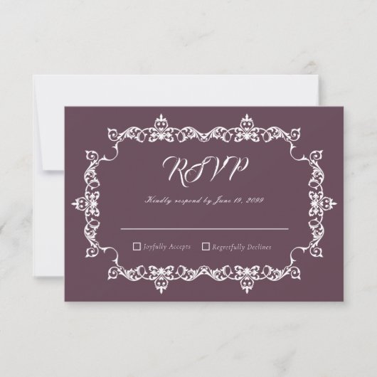 Classic Velvet Purple Ornately Framed Wedding RSVP Karte (Vorderseite)
