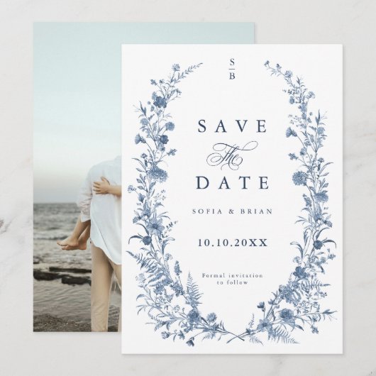 Classic Victorian Blue French Garden Chic Photo Save The Date (Vorne/Hinten)