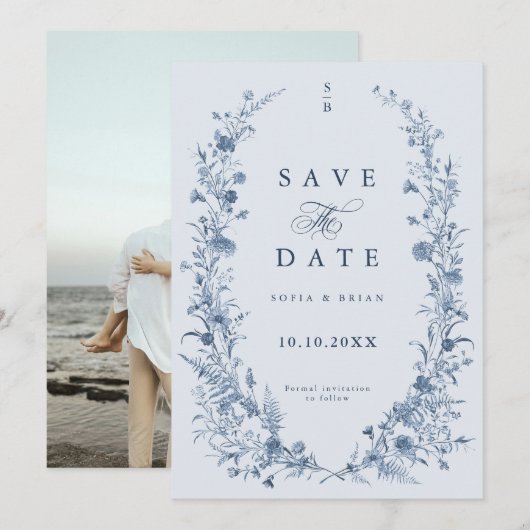 Classic Victorian Blue French Garden Chic Photo Save The Date (Vorne/Hinten)
