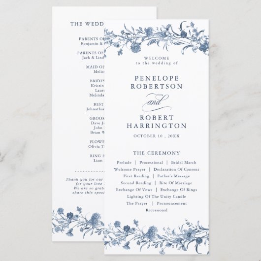 Classic Victorian Blue French Garden Chic Wedding Programm (Vorne/Hinten)