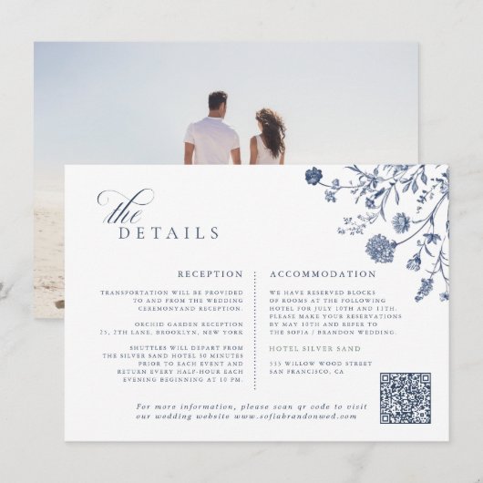 Classic Victorian Blue French QR Code Wedding Begleitkarte (Vorne/Hinten)