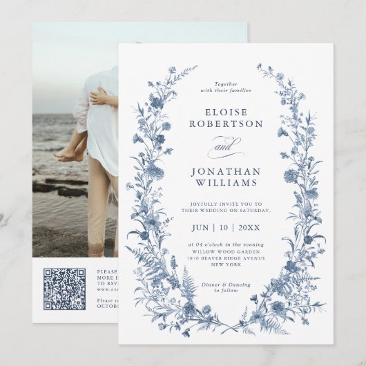 Classic Victorian Blue French QR Code Wedding Einladung (Vorne/Hinten)