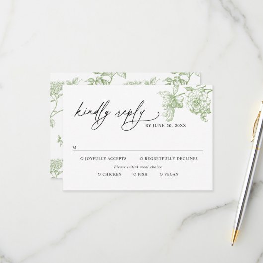 Classic Victorian Green Meal Options Wedding RSVP Karte (Vorderseite/Rückseite Beispiel)