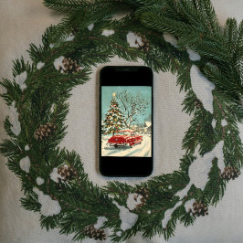 Classic Vintag Red Car Xmas Baumdorf Feiertagskarte