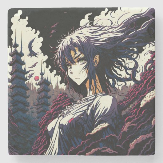 Classic Vintage Anime Girl - 90's Manga Steinuntersetzer (Vorderseite)