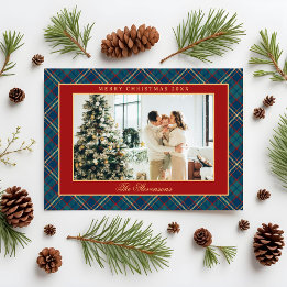 Classic Vintage Red Plaid Crest Photo Christmas Feiertagskarte